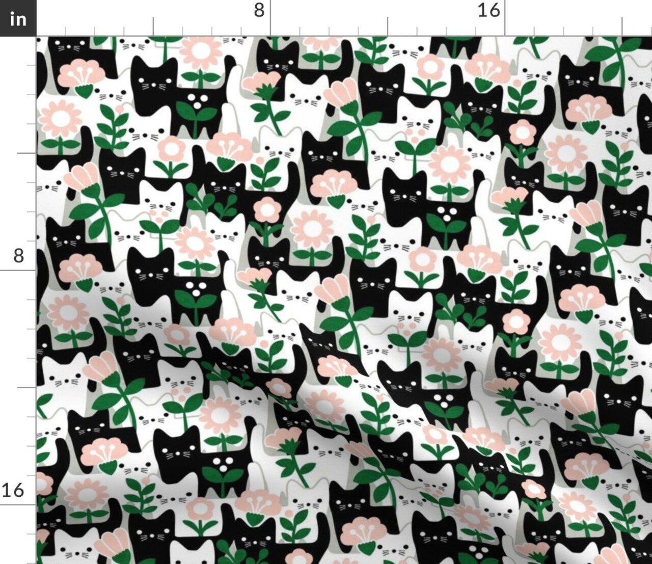Whimsical Cats Black And White Flowers Garden Kitten Cute Folk Art Dollhouse Small Scale Leaves Cat Faces Playful Kittens Abstract Custom Printed Fabric by Spoonflower Various Fabrics by the Yard or Fat Quarter